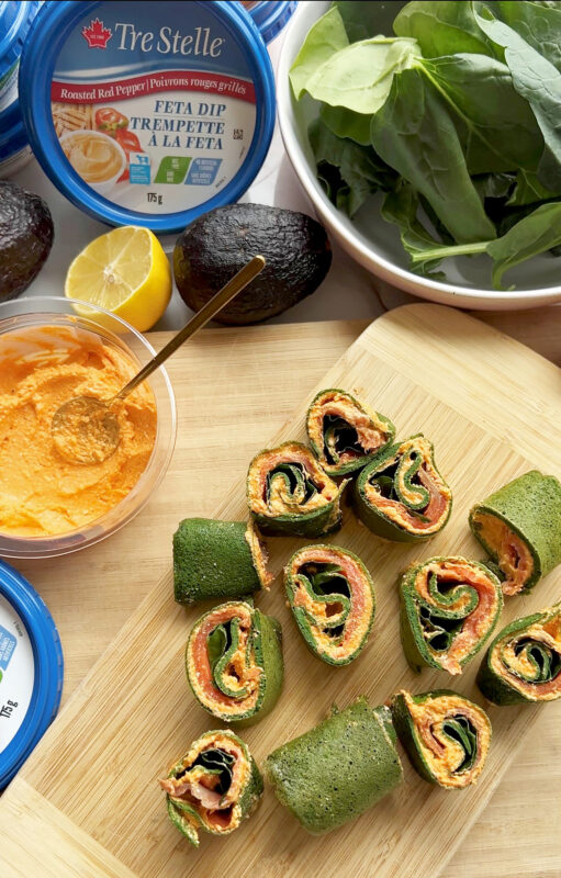Whipped feta dip roasted red pepper pinwheels