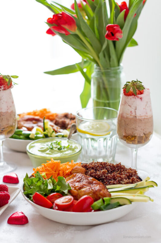 Dinner for two with chicken, chocolate mousse, raspberries.