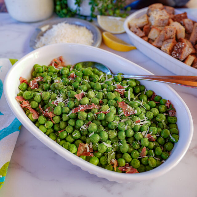 cooked peas with proscuitto & parmesan.